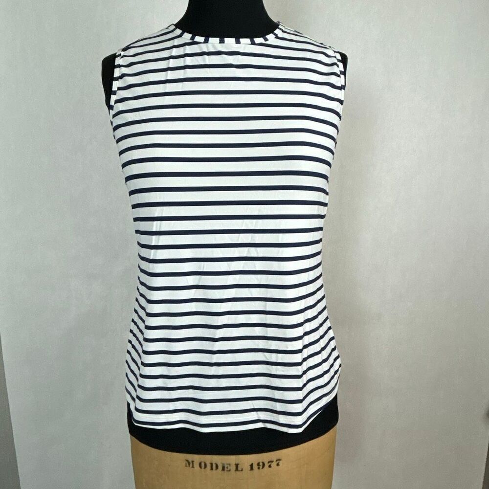 Lands' End Womens Activewear Tank Shirt Sz Small White Navy Stripes Quick Dry
